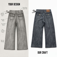 Jean large taille mi-haute personnalisé pour homme, en denim délavé gris vintage, respirant, avec cordon de serrage et poches à rabat cousues