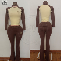 Set Pakaian Olahraga Wanita 3 Potong Motif Polkadot, Atasan Lengan Panjang, Legging Model Flare, Bando Senada, Santai untuk Gym dan Bersantai