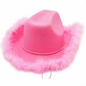 Chapeau de cow-boy rose lumineux pour sports de plein air avec bordure en plumes - Unisexe adulte - Vente en gros - Product Image 6