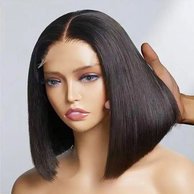 Wig rambut manusia Bob pendek wanita, Wig lurus tulang 4*4 penutup renda transparan rambut Vietnam