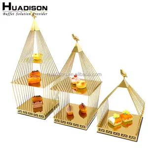 Huadison attrezzature per la ristorazione per torte Stand in piedi a forma di gabbia per uccelli a Buffet a forma di 2/3 piani di frutta in ferro all'ingrosso Golden Cake Stand