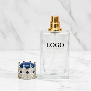 Flacon de parfum rectangulaire en verre transparent de luxe personnalisé avec bouchon couronne, idéal pour l'emballage de parfums haut de gamme de 50 ml à 100 ml - Product Image 1