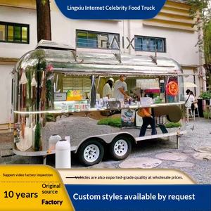 Charrette à café personnalisée, chariot de restauration mobile, chariot commercial pour la rue, les sites touristiques, en acier inoxydable miroir, maille rouge, qualité alimentaire - Product Image 5