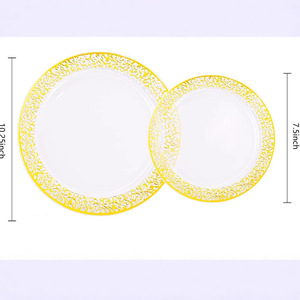 Assiettes et soucoupes jetables en plastique rigide or rose de 7,5 et 10,25 pouces ; Assiettes estampées à chaud au design minimaliste moderne - Product Image 2
