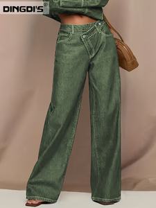 Jeans Verdes de Mujer, Estilo Urbano, para Verano y Otoño, Elásticos, de Pierna Ancha, Corte Recto, Lavados, con Cinturón, Bolsillos y Cintura Alta - Product Image 2