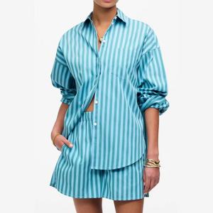 Nuevas llegadas al por mayor: Conjunto de dos piezas de lino y algodón para mujer, camisa modesta a rayas con solapa y pantalones de talle alto. - Product Image 1