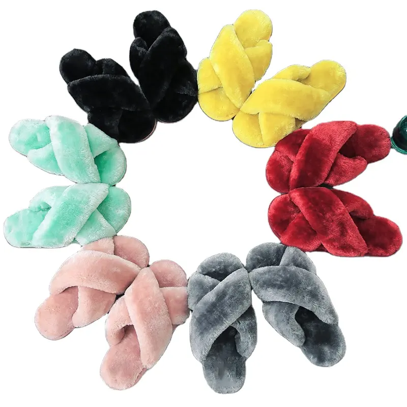 Fashion Women Vegan Faux Fur Fuzzy Slippers Open Toe Mule Fluffy House Slide Ladies Slippers