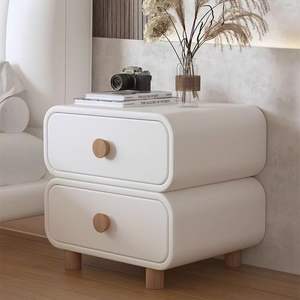Cream-colored Leather Nightstand 2-Drawer Modern Bedroom Storage <b>Cabinet</b> Assembled <b>Small</b> Size - Product Image 2