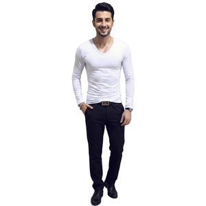 Offre Spéciale à manches longues Sport lait Polyester doux tissu traité plaine t-shirts col rond et col en V en forme de T-shirt pour hommes - Product Image 1
