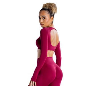 Conjuntos Deportivos para <span class=keywords><strong>Mujer</strong></span> de 2 Piezas, Ropa de Yoga de Manga Larga, Top Corto Acanalado sin Costuras, Leggings de Cintura Alta - Product Image 5