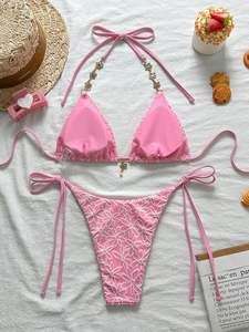 2025 Women's European American Sexy Lace-up Neck <strong>Bikini</strong> New Flower Fabric Bandeau <strong>Swimsuit</strong> <strong>Thongs</strong> Solid Pattern Logo Waist - Product Image 2