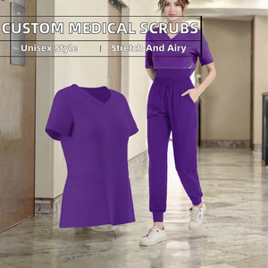 Women's V Neck <b>Scrub</b> Set <b>Purple</b> Cotton Polyester Knitted Hospital Uniform Jogger Pants Nursing Workwear - Product Image 2