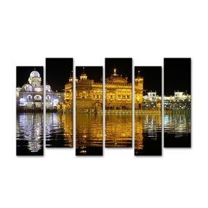 Cuadro Moderno Personalizado de 6 Paneles <span class=keywords><strong>con</strong></span> Paisaje Nocturno del Templo Dorado en Acuarela, Impresión en Lienzo Estirado, Decoración para Sala de Estar - Product Image 1