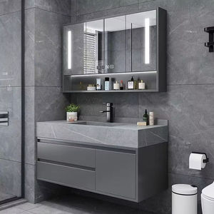 Meuble-lavabo de salle de bain en MDF noir de luxe avec miroir intelligent, design en nid d'abeille, lavabo en céramique, finition laquée, utilisation hospitalière - Product Image 4