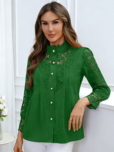 เสื้อชีฟองสีเขียวสำหรับผู้หญิงไซส์ใหญ่ คอทรงโอ กระดุมมุก ทรงหลวม สไตล์ลำลอง ผ้าลูกไม้ แขนยาว - Product Image 1