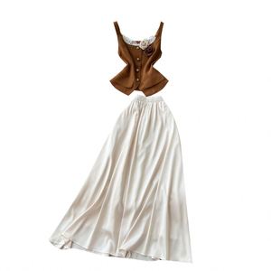 Summer Casual Solid Woven Satin 2-Piece Set Women V-neck Full Sleeve Tunic <b>Top</b> High Waist 3D Midi 100% Silk Skirt Breathable - Product Image 5