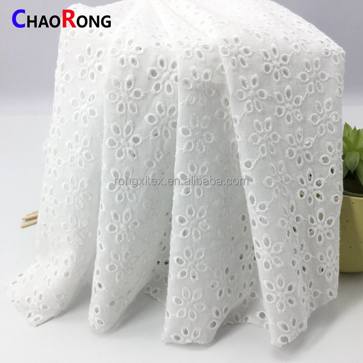 Golden Supplier CRF0576 Ready Goods Eyelet Flower Lace 100% Cotton Embroidery Fabrics for Clothing Material