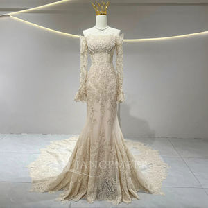 Jancember JFH16 Elegante Abito da Sposa a Sirena con Scollo a Barca, Champagne, Slim Fit, con Ricami in Pizzo - Product Image 2