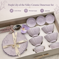 Service de table en porcelaine motif fleurs de muguet violettes, compatible micro-ondes et lave-vaisselle, design moderne pour usage domestique