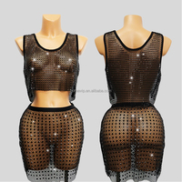 T011 Vente en gros de vêtements de danse exotiques en résille de cristal, tenue de strip-teaseuse, sexy, brillante, transparente, en strass, maille, Y2k, crop top, costumes