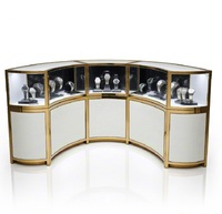 Comptoir d'exposition de montres incurvé de luxe sur mesure, vitrine en verre en acier inoxydable doré de qualité supérieure pour boutique de montres et de bijoux haut de gamme
