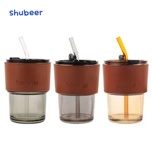 Creative glass with glass straw glass coffee cup of various colors fashion with leather sleeve with high sealing