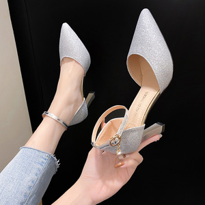 Factory Wholesale Women's Glitter Pointed Toe Pumps Ankle Strap High Heels for Wedding Party - Product Image 1
