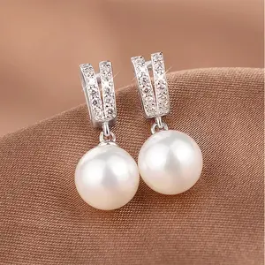 CAOSHI 우아한 한국어 모방 담수 진주 매달려 보석 여성 925 실버 도금 지르콘 CZ 진주 웨딩 드롭 Earings