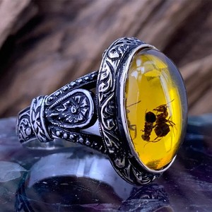 Atacado <span class=keywords><strong>Men</strong></span>'s Antique Black Silver Finger <span class=keywords><strong>Ring</strong></span> <span class=keywords><strong>Retro</strong></span> Banhado Oval Natural Ágata Animal Fósseis Ant Âmbar Anéis para Homens - Product Image 6