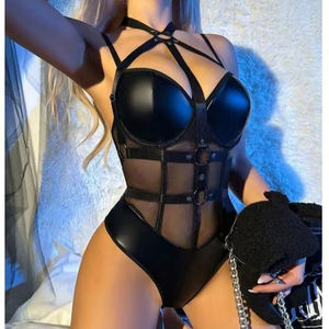 Combinaison en cuir PU pour hommes avec boucle de jambe amusante conception serrée soutien-gorge <span class=keywords><strong>push</strong></span>-<span class=keywords><strong>up</strong></span> pantalon <span class=keywords><strong>string</strong></span> respirant ensemble de lingerie brodée - Product Image 1