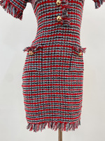 Robe Courte Mini en Tricot Slim Fit pour Femme, Style Français 2026, avec Boutons Strass, Col en V, Manches Courtes et Pompons en Tweed