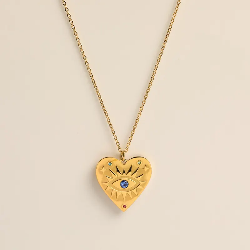 Carline Gold Plated Stainless Steel Heart Pendant Blue Rhinestone Eye Necklace jewelry wholesale for women