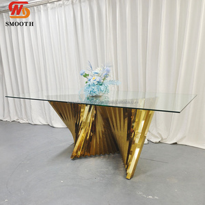 Table de mariage de luxe en acier inoxydable doré moderne avec surface en verre, table de dîner de mariage à vendre - Product Image 5