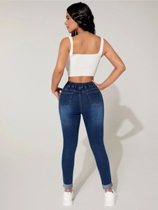 Jeans Capri en <span class=keywords><strong>coton</strong></span> pour femmes avec cordon de serrage <span class=keywords><strong>taille</strong></span> élastique pantalon en Denim skinny à haute élasticité Style décontracté solide pour l'été hiver <span class=keywords><strong>taille</strong></span> XL - Product Image 3