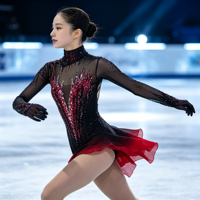 Robe de performance de patinage artistique à col roulé en maille à manches longues, dégradé noir et rouge, avec strass rouges et grand dos ouvert