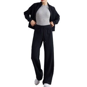 Ensemble de survêtement sportif 2 pièces en coton pour femme, couleur unie, col montant, style décontracté, tissage, saison d'automne - Product Image 5