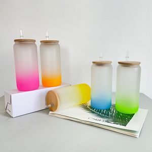 16oz 20oz Ombre Color Wide Mouth <b>Reusable</b> Smoothie <b>Cup</b> Blank Sublimation Frosted Glass Can Tumblers <b>with</b> Bamboo <b>Lid</b> and Straw - Product Image 3