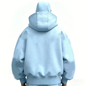 Sweat à capuche pour homme bleu tricoté 600 g/m² brodé, style Y2K, effet délavé et vieilli, avec fermeture éclair, pour grossistes - Product Image 2