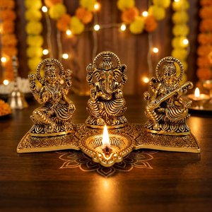 Lámpara de Metal Dorada con Figuras de Ganesha, Lakshmi y Saraswati, Artesanía Antigua, Ídolo Hindú, Regalo Festivo, Decoración para el Hogar, Boda, Diwali - Product Image 3