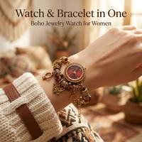 Montre-bracelet Bohème Dorée pour Femme, Cadran Rouge, Lunette en Strass, Quartz, Bijou, Bracelet Jonc