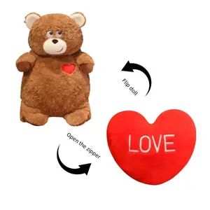 在线热卖可爱二合一毛绒熊红心毛绒枕头定制标志翻转心泰迪熊毛绒玩具礼品
