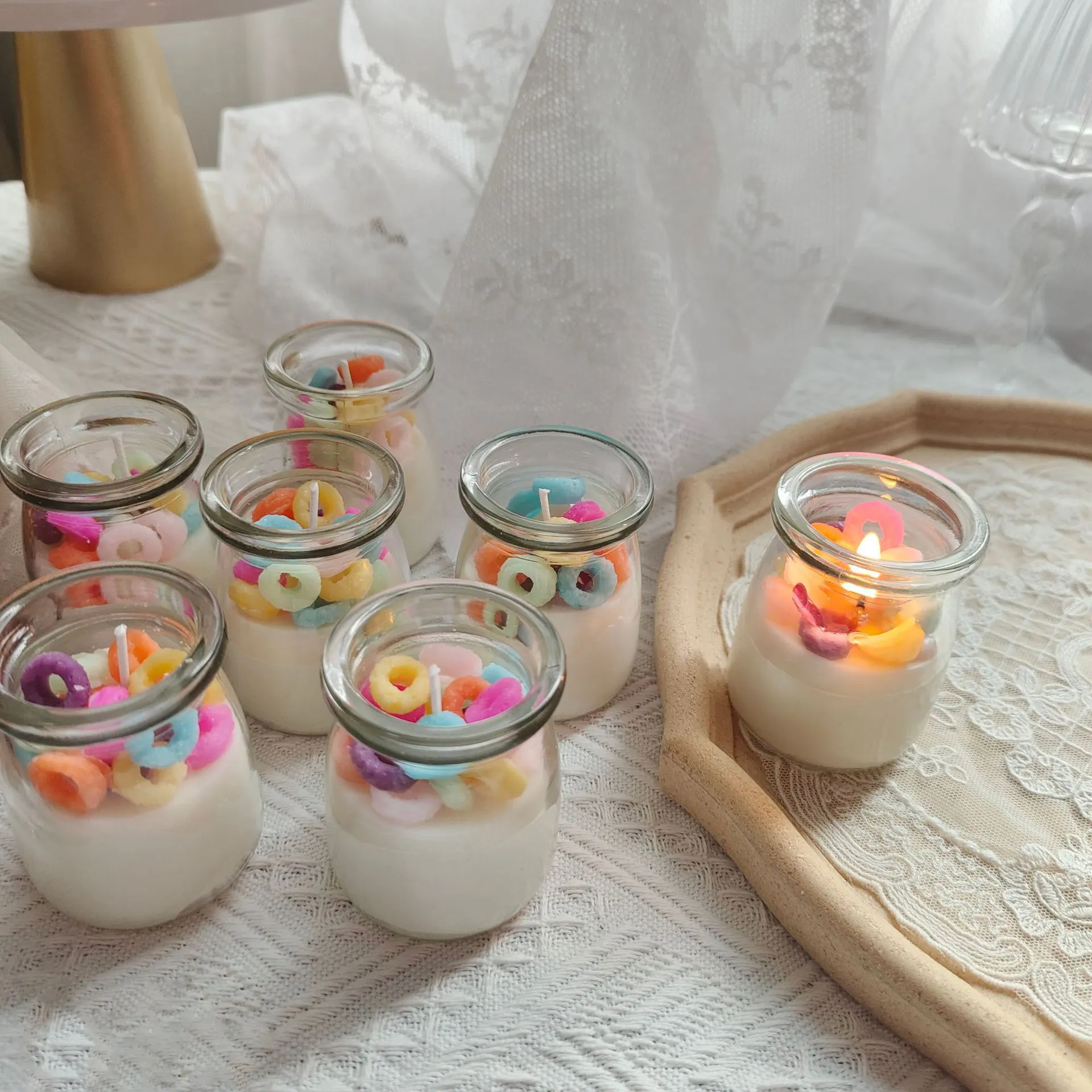 Niedliche Duft kerze mit Getreide Donut Form in Joghurt Pudding Flasche Süße Müsli Kerze in Glas Glas Tasse und Schüssel
