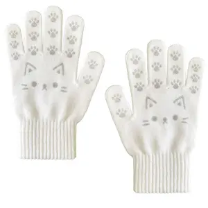 Fabricante Winter Warm Magic Cute Knitted Acrylic Cat Pattern PVC Impresso crianças miúdo Luvas Mitten para meninas, branco