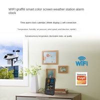 Stasiun Cuaca Pintar WiFi Android Tuya Graffiti, Jam Alarm, Pengukur Suhu Kelembaban, Kecepatan dan Arah Angin, Layar OLED, Baterai, untuk Rumah