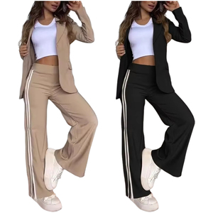 Nouveau printemps, automne hiver dames vêtements ensemble femmes loisirs revers <span class=keywords><strong>costume</strong></span> manteau jambe large <span class=keywords><strong>pantalon</strong></span> deux pièces femmes ensembles - Product Image 1