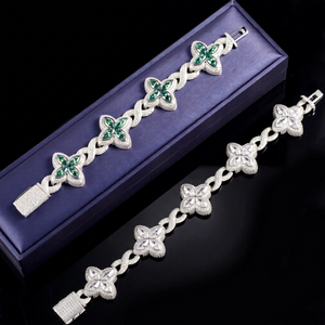 Lucky Charm Colorful Marquise Eye Moissanite Four Leaf Clover 925 Silver Cuban Chain Bracelet <b>Mens</b> Women Jewelry Bracelet - Product Image 1