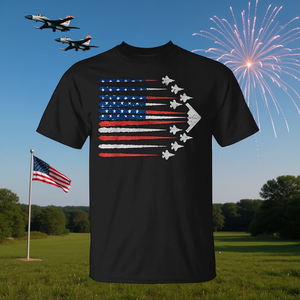 T-shirt patriotique avec drapeau américain, jets de combat, rouge, blanc, bleu, 4 juillet - Product Image 3