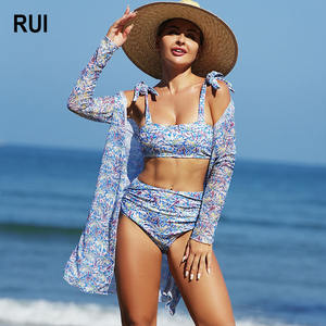 RUIQUWIN Maillot de bain 3 pièces pour femmes grande taille, taille haute, push-up, avec couverture en maille, séchage rapide, respirant, écologique, vêtements de plage d'été - Product Image 1