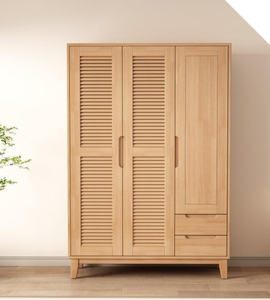 Modern Wooden <b>Wardrobe</b> With Shutter Doors Hinged Freestanding Bedroom Storage Cabinet Scandinavian Design 2 Drawers - Product Image 1