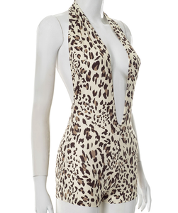 Viviblook J25RP106 Ladies Bodycon Clubwear Summer <b>Jumpsuit</b> <b>Shorts</b> Halter Hollow Deep V Leopard Print One Piece Romper - Product Image 4